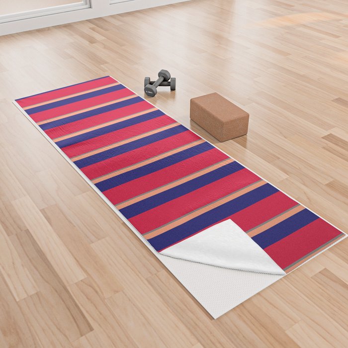 Gray, Light Salmon, Midnight Blue, and Crimson Colored Stripes Pattern Yoga Towel