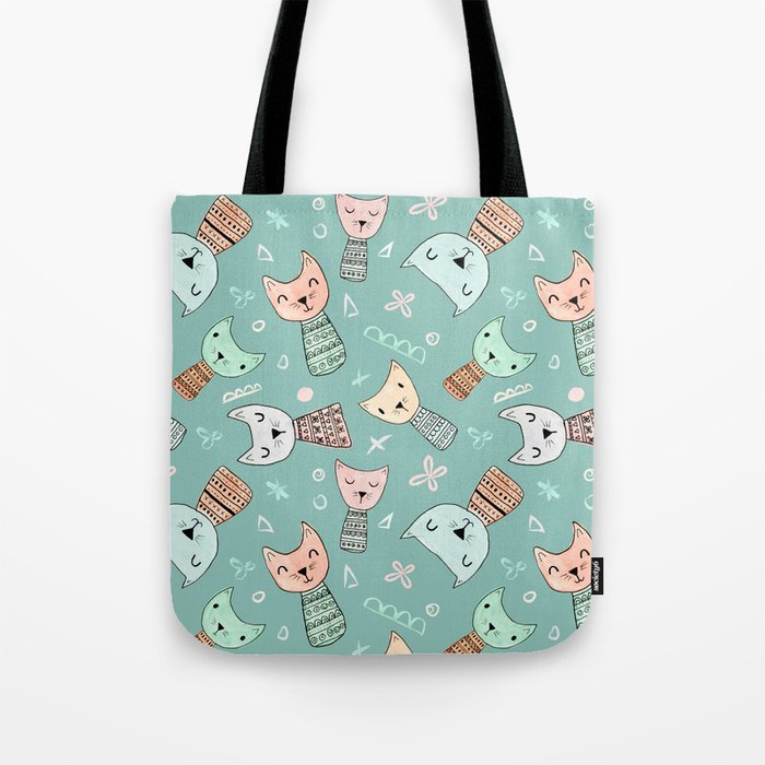Kokeshi Kitties with Teal Background Tote Bag