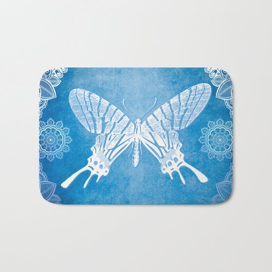 Bohemian Ornamental Butterfly Deep Blue Ombre Bath Mat