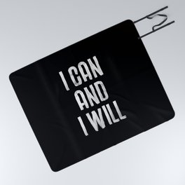 I CAN AND I WILL hand lettered motivational typography in black and white home wall decor Picnic Blanket