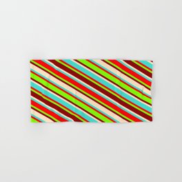 [ Thumbnail: Colorful Turquoise, Red, Chartreuse, Dark Red & Bisque Colored Striped/Lined Pattern Hand & Bath Towel ]