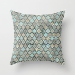 Old Moroccan Tiles Pattern Teal Beige Distressed Style Throw Pillow