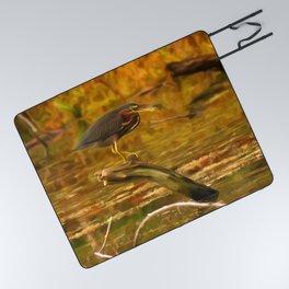 Green Heron Fishing Digital Painting Picnic Blanket