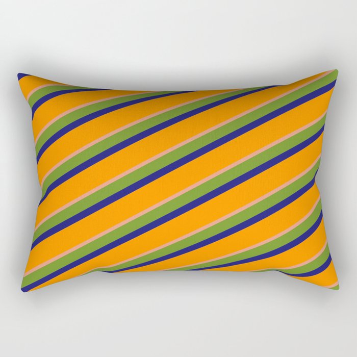 Green, Midnight Blue, Dark Orange & Dark Salmon Colored Lines/Stripes Pattern Rectangular Pillow