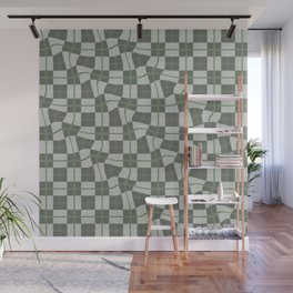 Warped Checkerboard Grid Illustration Green Gray Wall Mural