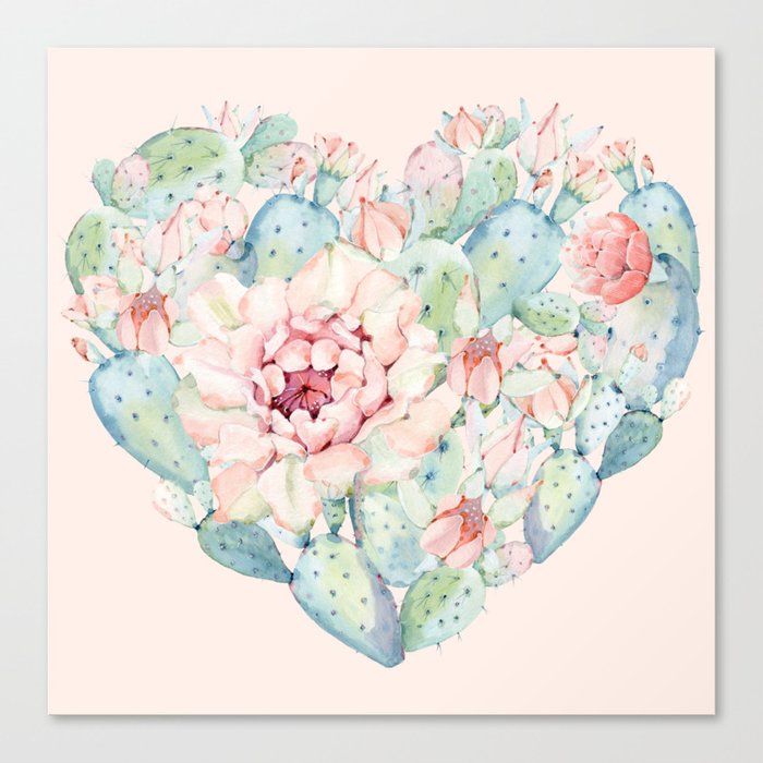 Cactus Rose Heart on Pink Canvas Print