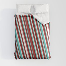 [ Thumbnail: Turquoise, Maroon, Brown & Mint Cream Colored Pattern of Stripes Comforter ]