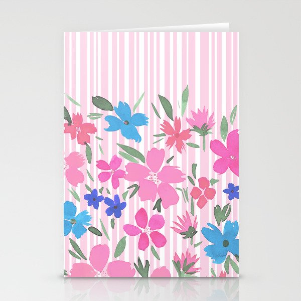 Floral Spring and Stripes Pink Stationery Cards