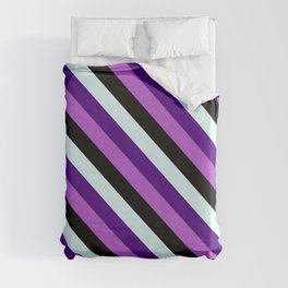 [ Thumbnail: Indigo, Orchid, Black, and Light Cyan Colored Stripes Pattern Duvet Cover ]