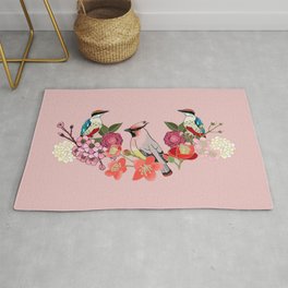 Eastern delight, Japanese garden pattern with waxwing and cherry blossom, pink Rug