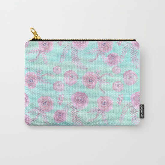 Peony Pattern Pink And Mint Carry-All Pouch