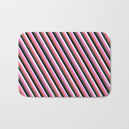 [ Thumbnail: Eye-catching Violet, Red, Dark Slate Gray, Black & White Colored Striped/Lined Pattern Bath Mat ]