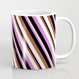 [ Thumbnail: Sienna, White, Orchid & Black Colored Striped Pattern Coffee Mug ]