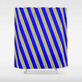 [ Thumbnail: Dark Khaki and Blue Colored Pattern of Stripes Shower Curtain ]
