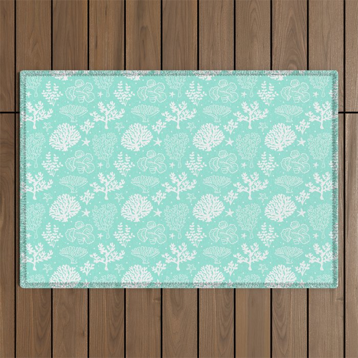 Mint Blue And White Coral Silhouette Pattern Outdoor Rug