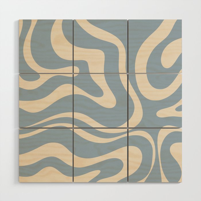 Modern Retro Liquid Swirl Abstract Pattern Square in Muted Light Blue and Cream Beige Wood Wall Art