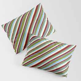 [ Thumbnail: Maroon, Slate Gray, Green, Light Sky Blue, and Light Yellow Colored Stripes/Lines Pattern Pillow Sham ]