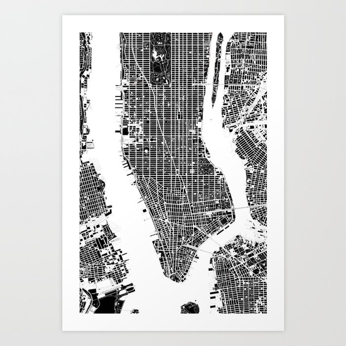 New York City Map Black And White Art Print By Planosurbanos Society6
