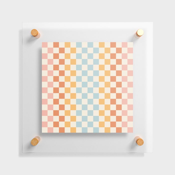 Retro Check Stripes Pattern in Light Muted Orange Blush Blue Cream  Floating Acrylic Print