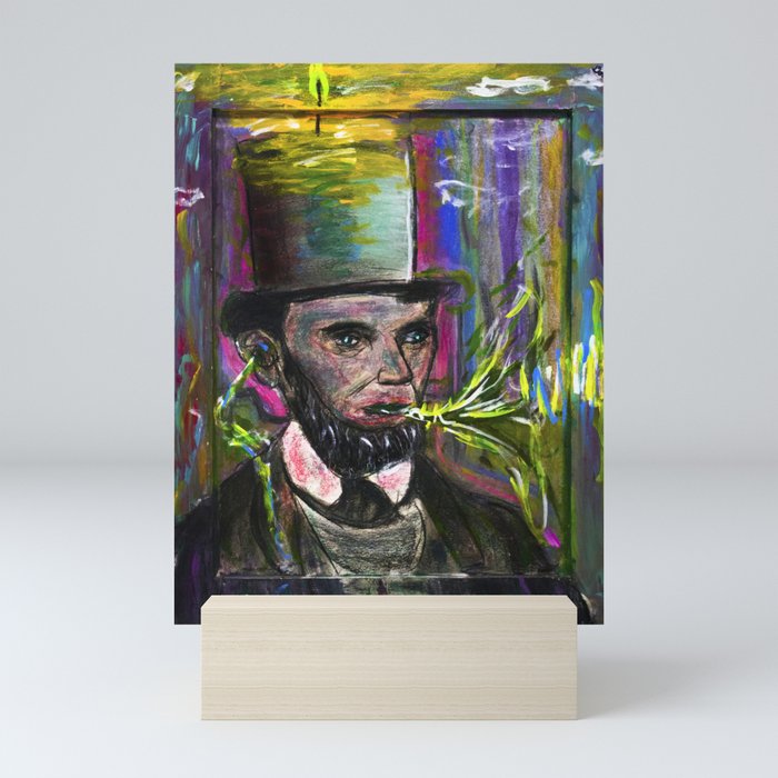 psychedelic US president  Abraham Lincoln with Trippy top-hat and rainbow halo Mini Art Print