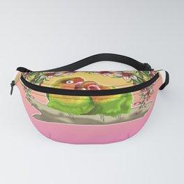 Two green parrots on a background of lilies  Fanny Pack