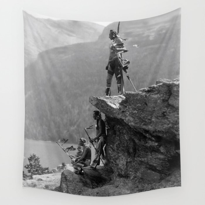 Eagle's Lookout, Blackfoot tribe members, Glacier Park, Montana, 1913 black and white photography Wall Tapestry