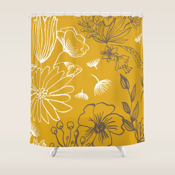 Line Art, Floral and Leaf Grey and Yellow Shower Curtain by Megan Morris Society6