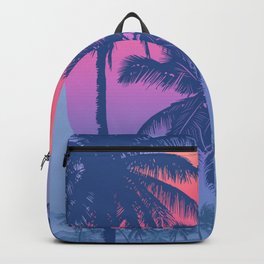 Tropical Sunrise With Pink Gradient Sun And Silhouette Of Palm Trees And Mountains In The Background Of Blue Sky Backpack | Sunsetbeach, Sunsetwallart, Vintageartwork, Sunsetcoast, Graphicdesign, Modernart, Sunsetlifestyle, Retrosunset, Southernartwork, Sunsetlife 