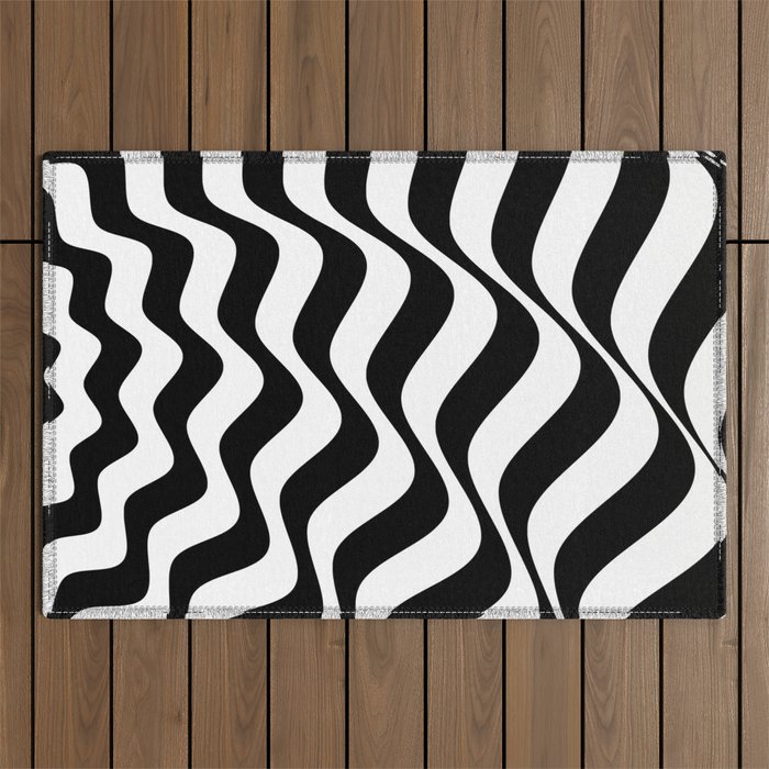 Black and White Abstract Wavy Lines Outdoor Rug