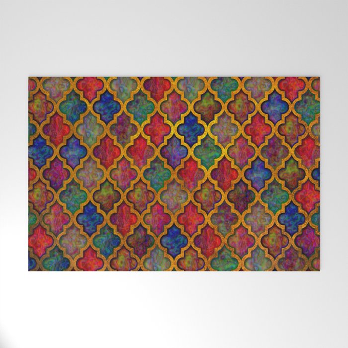 Moroccan tile red blue green iridescent pattern Welcome Mat