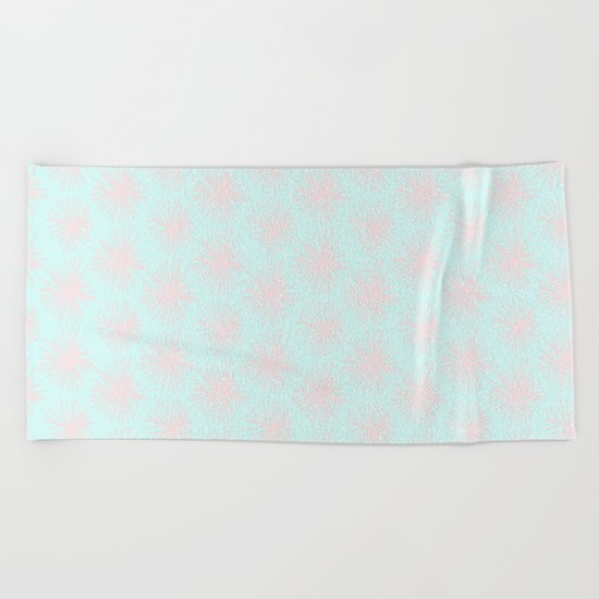 Merry christmas- pink snowflakes and snow on aqua backround I Beach Towel