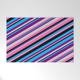 [ Thumbnail: Eyecatching Deep Sky Blue, Purple, Light Grey, Hot Pink, and Black Colored Lined Pattern Welcome Mat ]