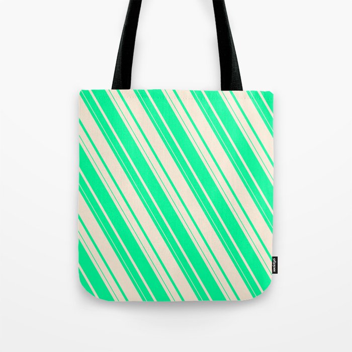 Green and Beige Colored Striped/Lined Pattern Tote Bag