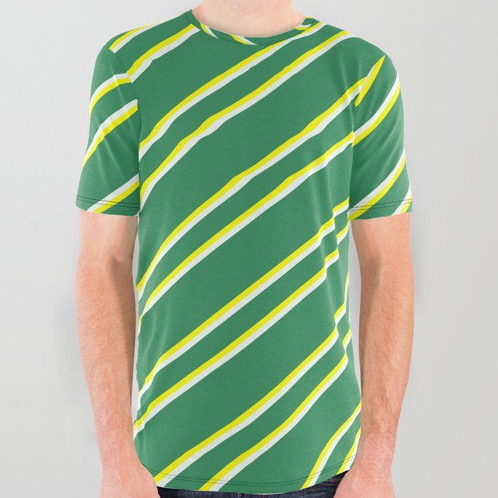 Sea Green, Yellow, and Mint Cream Colored Lined/Striped Pattern All Over Graphic Tee