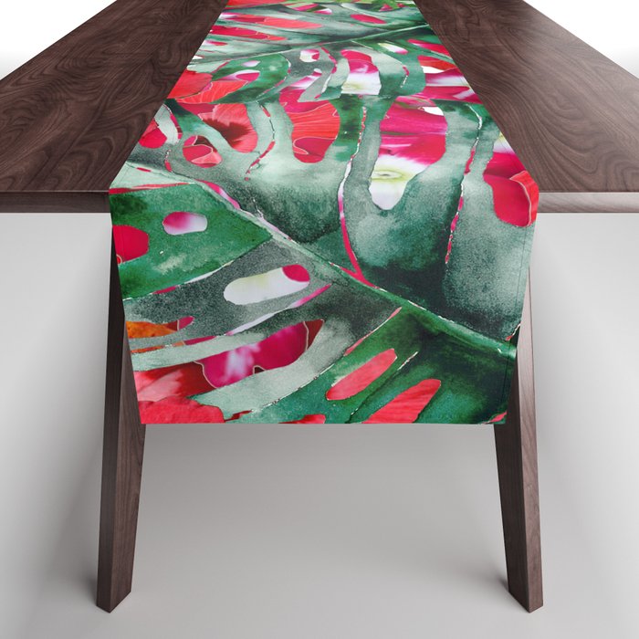 Tropical Red Pink Forest Green Palm Tree Floral Table Runner