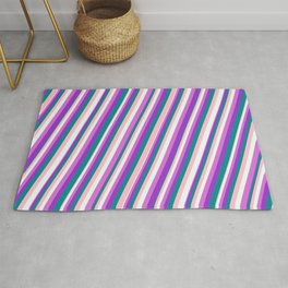 [ Thumbnail: Eye-catching Pink, Mint Cream, Orchid, Dark Orchid & Dark Cyan Colored Stripes Pattern Rug ]