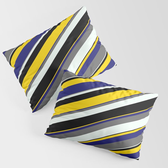 Eyecatching Dim Grey, Mint Cream, Black, Yellow, and Midnight Blue Colored Stripes Pattern Pillow Sham