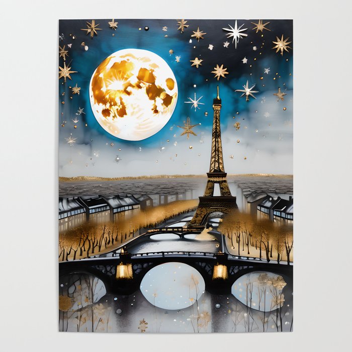 Christmas In Paris - Eiffel Tower Gold and Silver Landscape Winter Art Poster