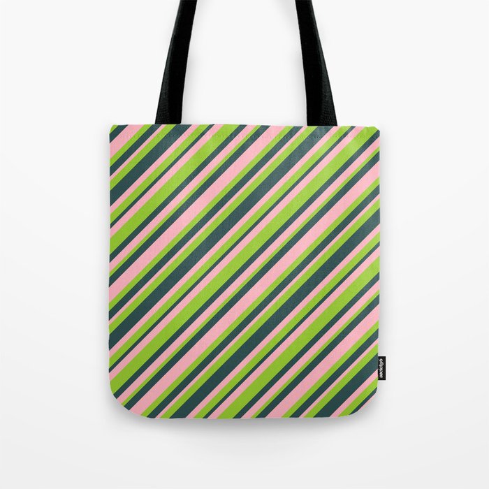 Light Pink, Green & Dark Slate Gray Colored Striped/Lined Pattern Tote Bag