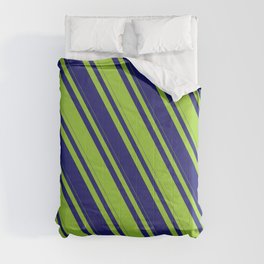 [ Thumbnail: Midnight Blue & Green Colored Lines Pattern Comforter ]