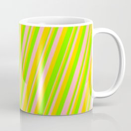 [ Thumbnail: Light Pink, Yellow & Chartreuse Colored Lines Pattern Coffee Mug ]