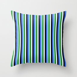 [ Thumbnail: Eyecatching Royal Blue, Sky Blue, Forest Green, Light Cyan, and Black Colored Lines/Stripes Pattern Throw Pillow ]