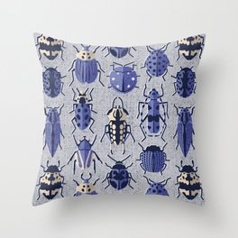 These don't bug me // light grey background electric blue and black and ivory retro paper cut beetles and insects Throw Pillow