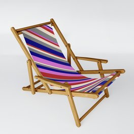 [ Thumbnail: Vibrant Orchid, Red, Beige, Grey, and Blue Colored Lines/Stripes Pattern Sling Chair ]