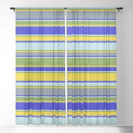 [ Thumbnail: Colorful Powder Blue, Green, Yellow, Slate Gray & Blue Colored Striped Pattern Sheer Curtain ]