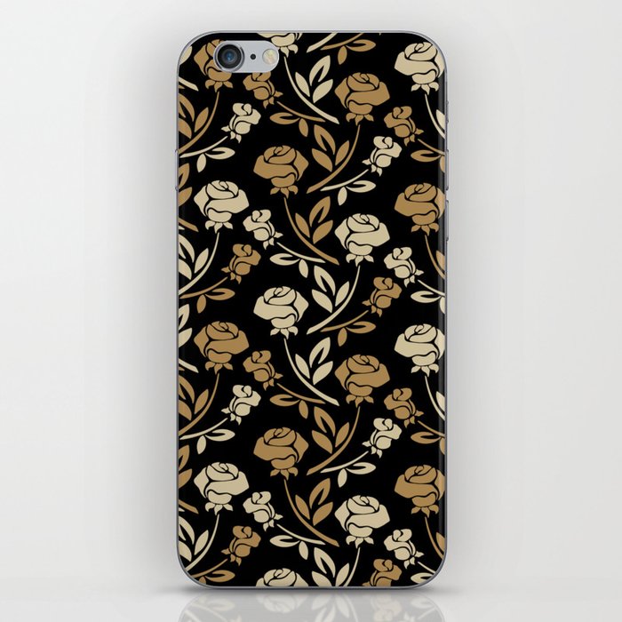 Gold and antique White Mid-Century Roses Pattern on Black iPhone Skin