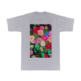 Rose, chamomile, buds, peony floral pattern black background T Shirt | Pink, Bouquet, Graphicdesign, Vintage, Daisy, Pattern, Peony, Black, Red, Flower 