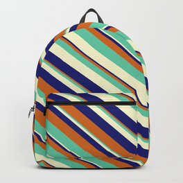 [ Thumbnail: Midnight Blue, Chocolate, Aquamarine & Light Yellow Colored Pattern of Stripes Backpack ]