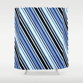[ Thumbnail: Cornflower Blue, Black, and Light Cyan Colored Striped Pattern Shower Curtain ]