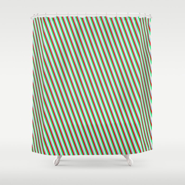 Sky Blue, Red, Green, and Beige Colored Lines Pattern Shower Curtain